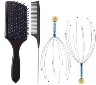 E-DUNIA Medium Detangling Paddle Hairbrush with Sectioning Comb and 2 Head Scalping Massaager, Great on Wet or Dry Hair, for Women, Men and Kids, No More Tangle Hair Brush for Long Thick Thin Curly Natural Hair [PACK OF 4]