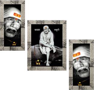 Indianara Set of 3 Shirdi Sai Baba Shraddha Saburi Framed Art Painting Digital Reprint 13 inch x 10.2 inch Painting