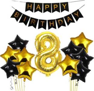 KR 8th Happy Birthday Balloons Decoration Kit Items Combo-12Pcs for Kids Boys, Girls, 10 Star Foil Balloons, 1 Banner ,1 number foil balloon Balloon (Black, Gold, Pack of 12)
