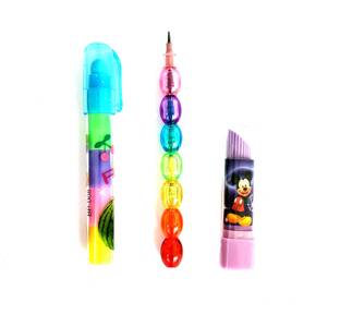 Loja Collections Rainbow Pencil with lipstic and Push Back to Back eraser Pack Of 3 Pencil