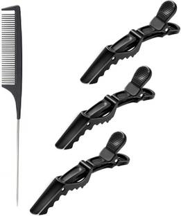 E-DUNIA Rat Tail Comb Black Carbon Styling Comb Steel Pin Rat Tail Carbon Fiber Heat Resistant Teasing Combs Barber Styling Combs with 3 Pieces Plastic Styling Hair Clips for Easy Styling