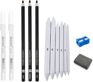 Definite Art Black Charcoal Pencils (Pack of 3), 0.8mm White Pen for Reflection and Highlighting Effect (Pack of 2) with Paper Art Blending Stumps (Pack of 6) and Kneadable Eraser for Pastel, Graphite & Charcoal Pencils