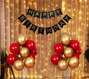 Hemito Balloons Black Happy Birthday Banner With Fairy Light & Balloons Combo For Birthday Decoration for Boys, Girls, Boyfriend, Girlfriend, Husband,Kids Bday Celebrations,Bunting Tags,Flag Decorative Items Banner Fairy Lights, Banner & 30 Pcs Balloons (Set of 32)