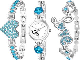 BRAIN WATCH NEW WHITE DIMOND DIAL PRINTED WITH TWO BLUE BRACLET COMBO SET FOR WOMEN Analog Watch  - For Women