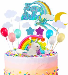 Party Propz Unicorn Cake Topper Kit Cloud Rainbow Balloon Happy Birthday Cake Topper Decoration for Boy Girl Kid Birthday - Set of 20(Multicolored) Cake Topper