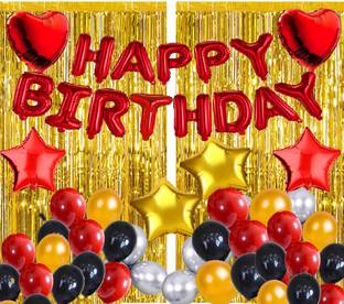 Hemito Solid 59 pcs Happy Birthday Banner Foil Curtain Metallic Heart Shape Foil Balloons and Star for Boys Girls Wife Adult Husband Mom Dad/Happy Birthday Decorations Items Set Balloon