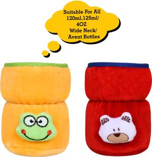 The Little Lookers Bottle Cover for Philips Avent/Wide Neck Feeders Soft Plush Stretchable Baby Feeding Bottle Cover with Easy to Hold Strap (Yellow & Red, Wide Neck 125ml/4OZ)