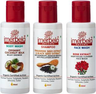Imerbela Combo pack Tester Kit of Anti Dandruff Shampoo of Fenugreek Seed , Facial Cleanser Rose Face Wash & Coconut Body Wash - 30ml EachImerbela Organic Combo pack Tester Kit of Anti Dandruff Shampoo of Fenugreek Seed , Facial Cleanser Rose Face Wash & Coconut Body Wash