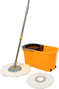 एस्क्विरे Classic Spin Mop Yellow Bucket Set with Pull Handle, Wheels with an Additional Microfiber Refill मॉप सेट