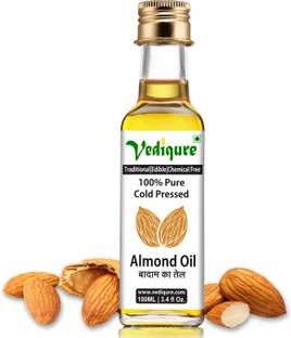 vediqure Almond Oil | 100% Pure Natural Cold Pressed Edible Badam Ka Tel | Glass Bottle 100ml Almond Oil Glass Bottle