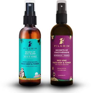 Pilgrim Alcohol Free Face Toner 100ml + Vino Red Vine Face Toner & Mist Spray 100ml For Pores Tightening, Anti Ageing, Glowing Skin Combination, Acne Skin, Dry, Oily Skin