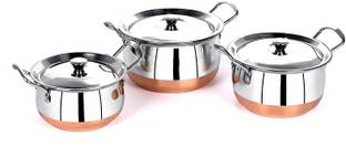 Nirvika 3 pcs export quality premium design luxurious stainless steel copper handi Cookware Set with lid and handle (Stainless Steel 3 - Piece) Cookware Set Capacity: 1.5 L, 1 L, 0.75 L Handi 1.5 L, 1 L, 0.75 L with Lid (Stainless Steel) Donga Handi Dish Serving Set