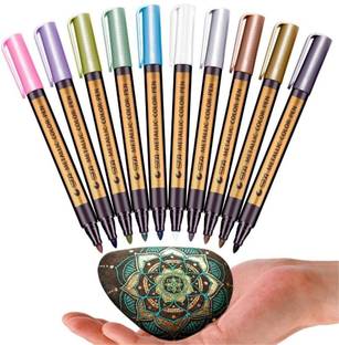 THR3E STROKES STA 10 Colors Metallic Marker Pens for Rock Painting Medium Point Metallic Color Markers for Ceramic Glass Plastic Scrapbooking