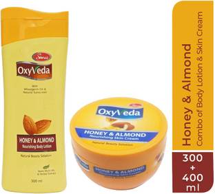 Simco Oxyveda Honey & Almond Deep Nourishing Body Lotion (300 ml) + Honey & Almond Nourishing Skin Cream (400 ml) | Combo Pack of Body Lotion & Skin Cream | Ideal for Daily Skincare