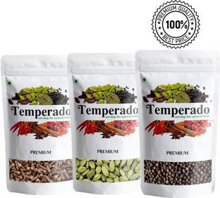 Temperado PREMIUM GREEN CARDAMOM (ELAYCHI)|CLOVE (LONG)|BLACK PEPPER (KALI MIRCH) COMBO 50GM EACH