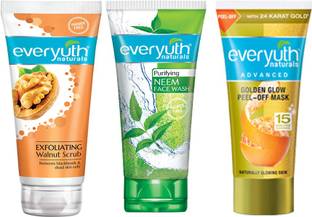 Everyuth Naturals Exfoliating Walnut Scrub 50g + Purifying Neem Face Wash 50g + Golden Glow Peel-Off Mask 50g