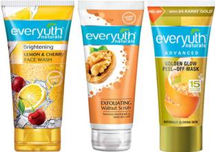 Everyuth Naturals Brighening Lemon & Cherry Face Wash 50g + Exfoliating Walnut Scrub 50g + Golden Glow Peel-Off Mask 50g