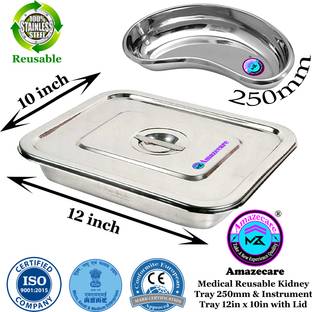 AMAZECARE Stainless Steel Medical Reusable Instrument Tray (12”inch x 10”) inch with lid & Kidney Tray 250mm (10” inch) Reusable Medical Tray
