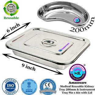 AMAZECARE Stainless Steel Medical Reusable Instrument Tray (9'' X 6'') inch with lid & Kidney Tray 200mm (8” inch) Reusable Medical Tray