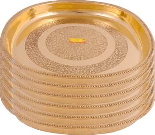 Shivshakti Arts Brass Thali | Dinner Plate | Pooja Thali | Engraved Design - (6 Pieces Set, Big - 13.62 Inch Premium Thali) Dinner Plate