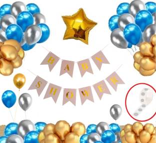 Agk Baby Shower Decoration Item 42 Pcs | Baby shower Banner Set- PINK | 30 Pcs Blue, Gold & Silver Balloons | 1 Pcs Golden Star Foil Balloon | 1 Pcs Glue Dot Roll
