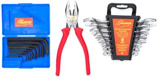 Globus 876 DOUBLE OPEN END SPANNER SET/8 PCS CHROME MATT FINISH, COMBINATION PLIER 8" AND ALLEN KEY SET/9 PCS Allen Key Set