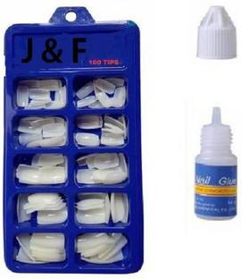 J & F Arificial Arylic Fake Nails 100 With Glue Bottle White