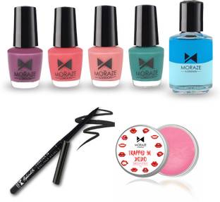 MORAZE Pack of 4 Nail Polish (Coral Saga, Shalala La La, Magic Moment, The Blue Lagoon) - 5 ML Each, 1 Kajal, 1 Lip Balm (Bubblegum) - 8 GM, with 1 Nail Paint Remover Combo