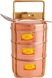Shivshakti Arts Pure Copper Nickle Lunch Box | Tiffin Royal Rajasthani Design - Jaipuri Dinnerware & Serving Items | Brown, Food Grade - With Spoon & Brass Handle 3 Containers Lunch Box