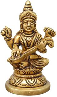 Idolsplace Brass Shree Saraswati Maa Idol Murti Statue Home Office Temple 200gm Decorative Showpiece  -  7 cm