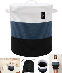 Textile and Beyond Cotton storage organizer Foldable pure cotton big size woven rope laundry basket with lid cloth storage baby bucket hamper new born basket for kitchen, office, planters, dirty clothes Storage Basket