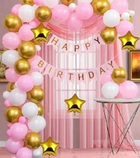 Bash N Splash Printed Pink White Gold Happy birthday Balloon with Star Balloon & golden Balloon Birthday Party Decoration (Pack of 45) Balloon