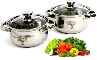 SQUARO ONLINE STORE High Grade Stainless Steel Dutch Oven With Toughen Glass Lid Induction & Gas Stove Friendly Cookware and Serveware Handi Set with Toughen Glass Lids Saucepan set( Pack Of 2 Pcs., Capacity-1000 ML and 1500 ML) Induction Bottom Non-Stick Coated Cookware Set