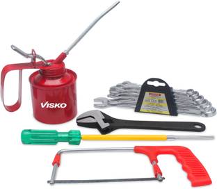 VISKO 821 Hand Tools Combo With 6"Junior Hacksaw Frame, 1/2 Oil Can, 2 in 1 Long Handle Screwdriver, Phosphate Finish Single Sided Open End Wrench,Spanner Set, Combination Spanner Set of 6 Pcs Combination Screwdriver Set