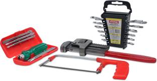 VISKO 820 Hand Tools Combo With 6"Junior Hacksaw Frame, with Plastic Handle, 24 Pipe Wrench, Combination Screwdriver Set (Pack of 6), Doe Spanner Set (Silver, 8-Pieces) Combination Screwdriver Set