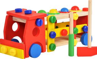 Trinkets & More Wooden Screw Car Educational Reassembly Multifunction Building Sets & Blocks Knock Ball Tinker Toy (36 Pieces) Kids 3+Years