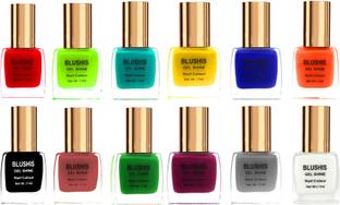 BLUSHIS Gel Shine Nail Colour Common colour for daily use combo pack of 12 [Red, lime,orrange,nude,blue,green,black,white,pink,grey,yeellow,light blue,magenta marron ] and many more with trnding colour nail polish multicolour