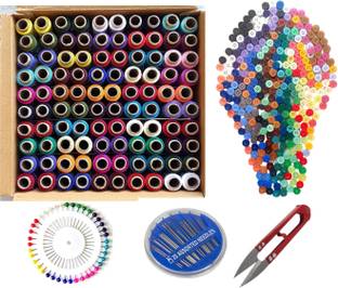 Upyukat Tailoring Accessory kit/ Tailoring kit/ Sewing Kit-Vardhman sewing threads ,Set of 100 in A Box, 180 MTS Each Spool-Thread Box With Buttons/Kaj Buttons, 300 pcs, Size 1 x 1cm with 4 Holes, 1Compact Needles set and 1 Pearl head pin set Sewing Kit