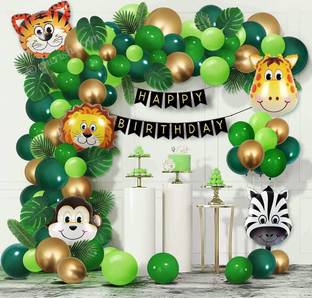R G ACCESSORIES Forest Theme Birthday Party Decorations For Kids - 77 Pcs Combo - Bunting Animal Face Shape Foil, Chrome Balloons - Jungle Theme