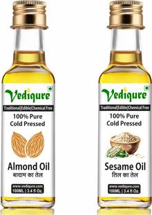 vediqure 100% Pure Cold Pressed Edible Badam Ka Tel and Til Ka Tel - 100 ML Almond Oil + 100 ML Sesame Oil Glass Bottle
