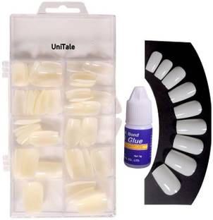 UniTale 100 Tips Natural White Reusable Strong Fake Artificial Nails Natural Fake Nail Extension With Strong Quick Dry Nail Glue Natural White