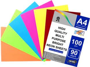 MAJESTIC BASKET Hight Quality Double Sided Fluorescent Bright Neon Sheet For Art & Craft/ Assignment/Project/ Charts/ Drawing Etc. With 6 Different Colour [Pack of 1 - 90 Sheets] Unruled A4 100 gsm A4 paper