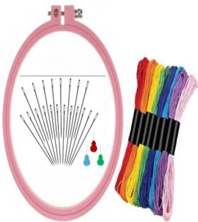 Royal Villa Special Combo Pack of 1 Plastic Embroidery Hoop Frame of 8 inch + 20 Large Needles + 3 Needle Threaders + 10 Multicolor Thread of 8 mts. each - For Sewing and Embroidery Work