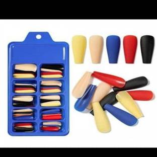 THR3E STROKES Coffin Press on Nails Red Matte Fake Nails Medium False Nails Sharp Full Cover Nails for Women and Girls black (Pack of 100) Black