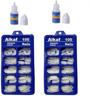 Alkaf Reusable Arylic false 200 Nails With 2 Glue ( 100 Nails Per Pack ) White