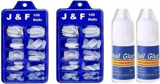 J & F Arylic Fake Nails Empress Curve Artificial 200 Nails with 2 glue bottle Both Pack of 2 New Pack White
