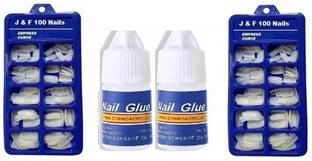 J & F Empress Curve Artificial 200 Nails with 2 Glue Bottle ( 100 Nails 2 ) White