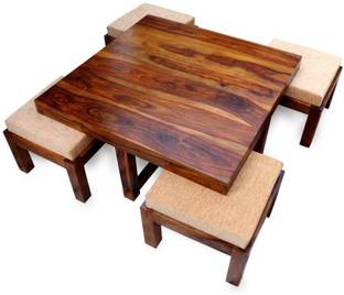 HDWOOD Solid Sheesham Wood Coffee Table With Four Stools For Living Room/ Office/ Café. Solid Wood Coffee Table