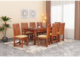 DRYLC फर्नीचर Solid Wood Sheesham Wood 8 Seater Dining Table With 8 Chairs For Dining Room सॉलिड वुड डाइनिंग सेट