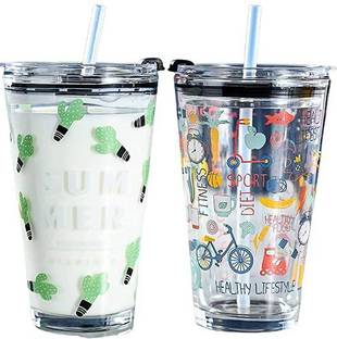 Authentic Kart Glass Random Design, Cartoon Pattern,Creative Multipurpose Drinking Glass Measuring/Cup with Straw and Lid Drink for Milk,Tea,Coffee,Juice,Thik Shake Cup & 450ML (1) Glass Coffee Mug